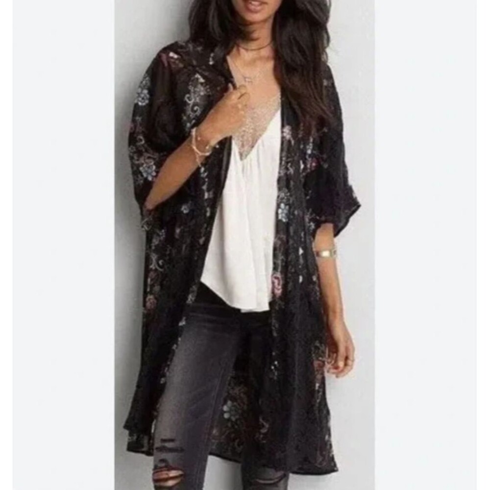 American Eagle Sheer Open Front Kimono Black Floral Lace Sz M Fairy Whimsigoth